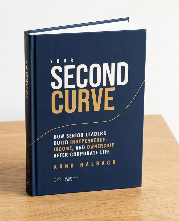 The Your Second Curve hardcover standing upright on an oak surface: navy cover, gold second-curve line, and the subtitle “How senior leaders build independence, income, and ownership after corporate life”, by Arnd Halbach.